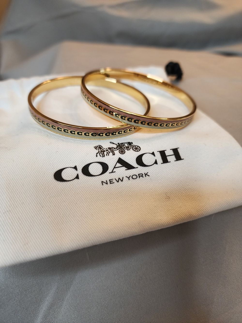 Coach Gold Tone Enamel Bangle Bracelets with Green 'Cs" Logo